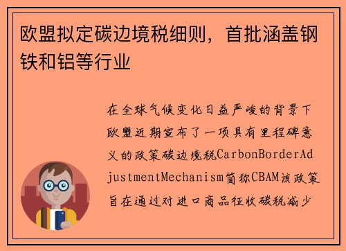 欧盟拟定碳边境税细则,首批涵盖钢铁和铝等行业 欧盟拟定碳边境税细则,首批涵盖钢铁和铝等行业