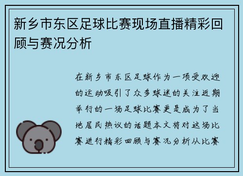 新乡市东区足球比赛现场直播精彩回顾与赛况分析 新乡市东区足球比赛现场直播精彩回顾与赛况分析
